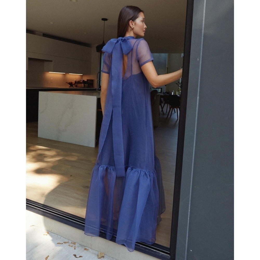 NWT CAARA Melody Tie Neck Organza Ruffle Hem Dress Navy Blue - Size Medium - Picture 10 of 14